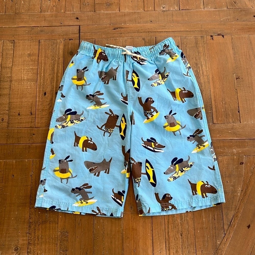 Mini Boden surfing dog swim trunks
